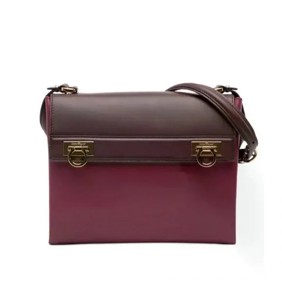 Authentic Salvatore Ferragamo Bicolor Leather Gancini Mya Crossbody Bag - Picture 2 of 6